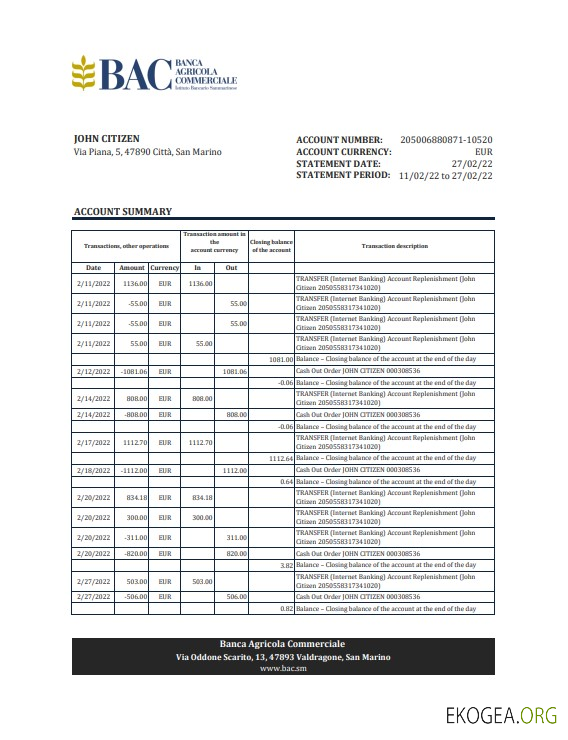 Relevé bancaire de la Banca Agricole Commerciale de Saint Marin, modèle Excel et PDF